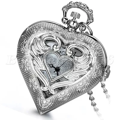 $9.19 • Buy Womens Angel Wing Hollow Heart Shaped Quartz Pocket Watch Pendant Necklace Chain