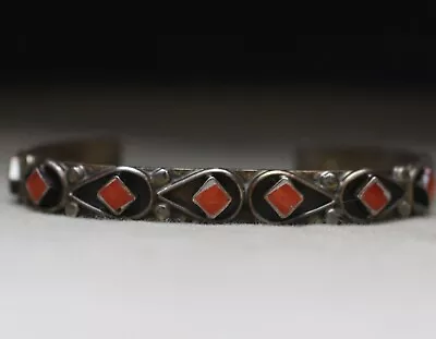 Vintage Native American Zuni Coral Sterling Silver Cuff Bracelet • $148.50