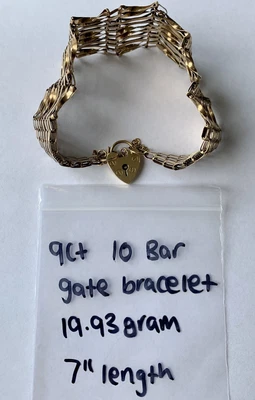 £500 • Buy 9ct 375 10 Bar Gate Bracelet 7” Length 19.93grams
