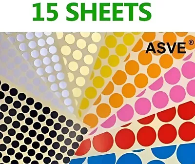 15 Sheets - Coloured Dot Stickers Round Sticky Dots Adhesive Circles Labels UK • £2.99