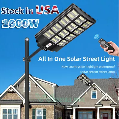 $27.99 • Buy 1600W LED Solar Street Light Motion Sensor Dusk To Dawn Outdoor Road Lamp W/Pole