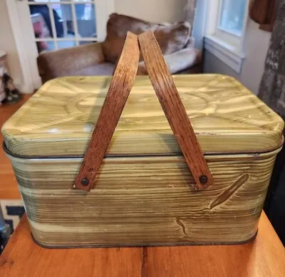 Old Vintage Woodgrain Metal Cookie Tin Picnic Basket Wood Handles • $20