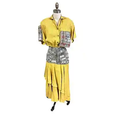 VTG 80s Vera Cristina Skirt/Top Bullet Studded SZ 6/S Grey Denim & Yellow Linen • $250