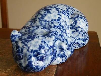 Vintage VICTORIA IRONSTONE CAT Blue & White Floral Design Calico 8”   FREE SHIP • $44.77