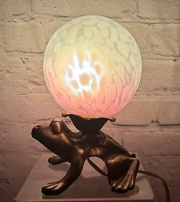 Brass Frog Lamp Accent Table Night Light Pink  Glass Globe Lamp Shade Whimsical • $60