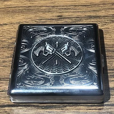 Etched Metal Cigarette Case Spiderweb Emblem W/ Handguns Revolvers Chrome • $29.99