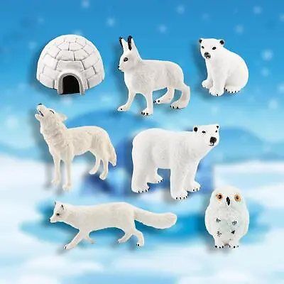 7Pcs Arctic Animal Model Includes Arctic Bear Family Igloo Rabbit Owl Figures • £13.51