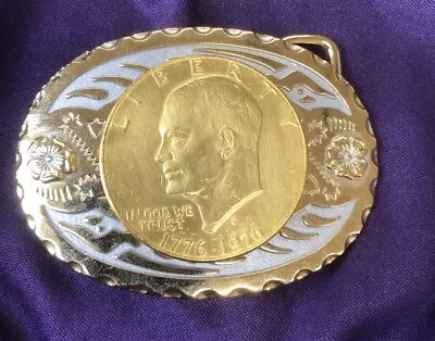 Bicentennial 1776-1976 Genuine Silver Dollar Eisenhower Belt Buckle Gold Plated • $16