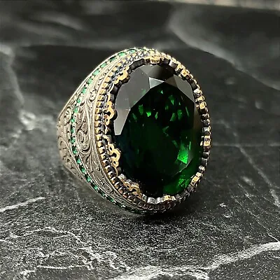 Men Silver Oval Green Garnet Stone Ring  Silver Green Gemstone Ring  Jewelry • $68