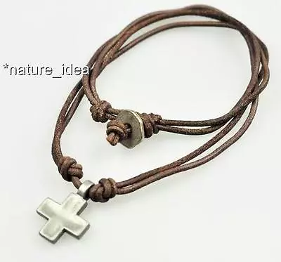 Cool Double 2mm Leather Surfer Beach Choker Necklace Cross Pendant Mens Unisex • $7.55