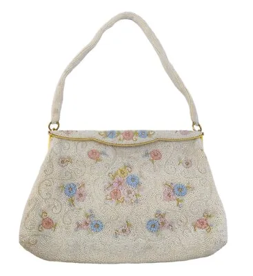 VTG 1930s C&M Caron Micro Beaded Purse Handmade In France White Pastel Flowers • $149.97