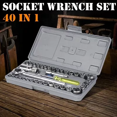 40-Piece Ratchet Wrench Socket Tool Set METRIC/SAE 1/4  & 3/8  Drive W/ Case USA • $14.98