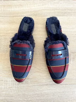 J. CREW Academy Navy Burgundy Satin Silk Striped  Faux Fur Mules Women’s Sz 7.5 • $35