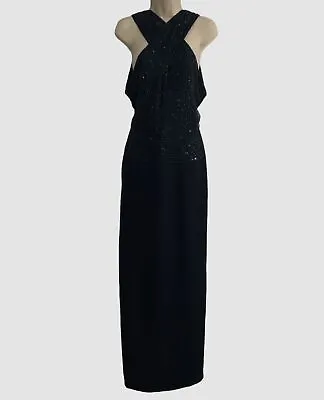 $5495 Naeem Khan Women Navy Blue Beaded Halter Neck Silk Gown Dress Size 8 • $1538.78