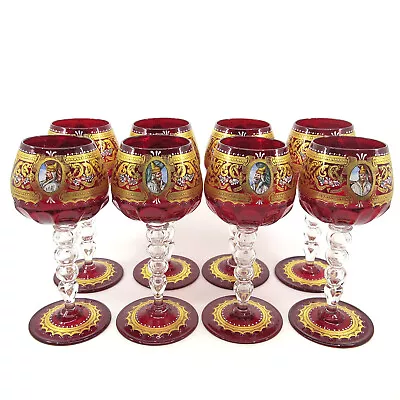 Set Of 8 Murano Ruby Red Enameled Glass Goblets Venetian Doge Cenedese Begotti? • $1650