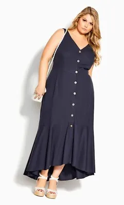 CITY CHIC - Size S (16-18) 'Sweetie Button Maxi Dress - Navy' Linen Plus Size • $39.95