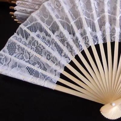 Quasimoon 9  White Lace Fabric Bamboo Hand Fan For Weddings By PaperLanternStore • $7.98