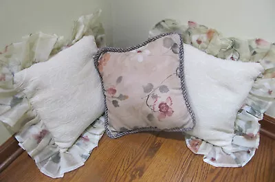 Throw Pillow Set Of 3 Floral And Tan Custom Made Zippered Shams W/Pillows • $20