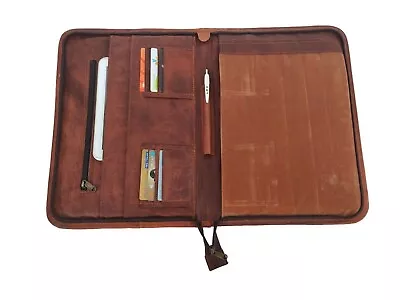 Vintage Leather Portfolio Padfolio A4 Case Folder Business Organizer Zipper Bag • $62.69