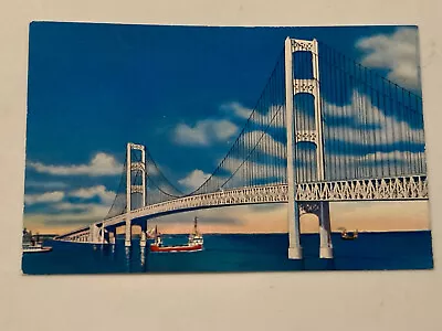 Mackinac Straits Bridge Center Span Michigan MI Great Lakes Postcard 1960's • $2.79