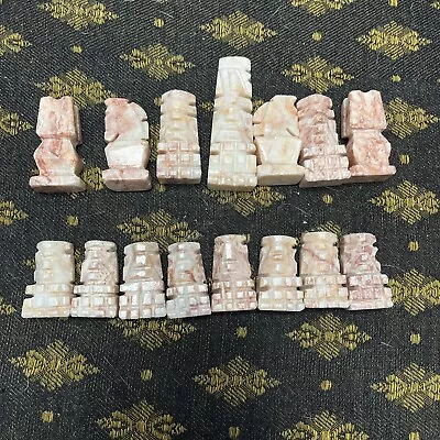 Set Of 15 Rose Marble Quartz Stone Aztec Chess Replacement Pieces. Queen Missing • $16