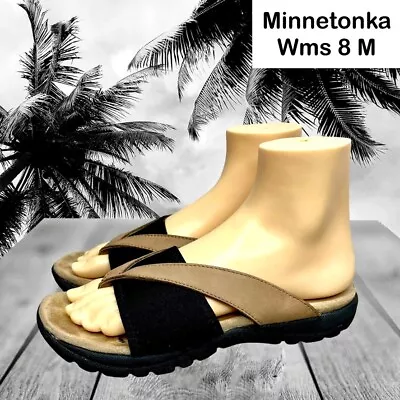 Minnetonka Womens Tan Leather Black Elastic Band Flip Flop Sandal Size 8 M • $12.99