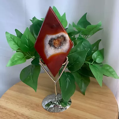 193g Druzy Red Agate Carnelian Diamond Carving Stone Quartz Crystal Metal Stand • $29