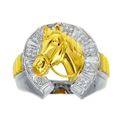 Men's Sterling Silver Horseshoe Ring W/CZ Stones & Yellow Gold Plated Horse Head • $59.99