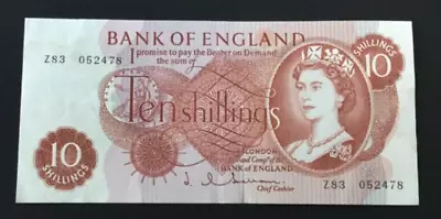 Banknote Of England Ten Shillings. JQ.  Hollom. Z83. Extremely Fine Condition. • £0.99