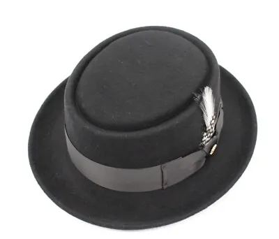 Mens Black Pork Pie Hat By Bruno Capelo Wedding Church Hat 100% Wool PP-100 • $61.74