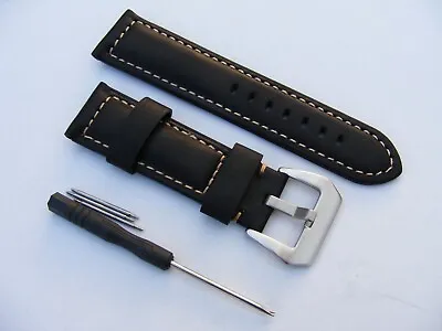 For PANERAI Luminor Marina PAM 24mm Black Leather Watch Strap Band • £36.99