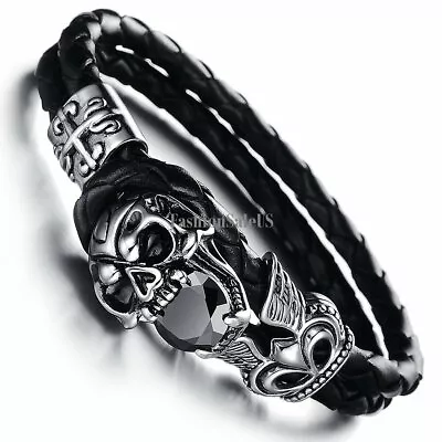 Men Vintage Stainless Steel Cross Skull Braided Leather Wristband Bracelet Gift • $13.99