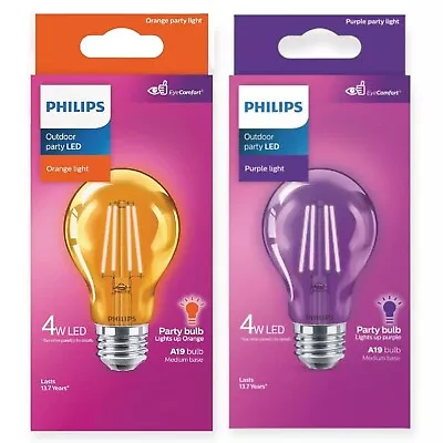 (2) Philips Purple & Orange Party LED Bulb Light Color 4w LED A19 Bulb Boxed • $14.99