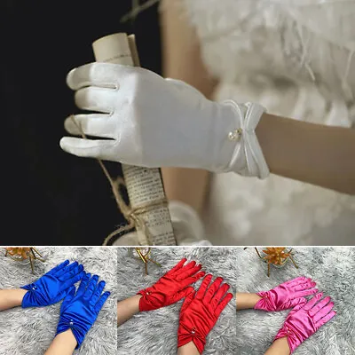 £3.47 • Buy 1Pair Women Satin Short Gloves Elegant Pearl Gloves Elastic Etiquette Mittens