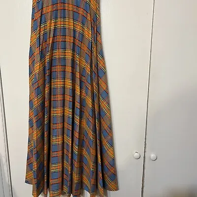 Vintage 1970s Blue Yellow Pink Plaid Long Maxi Skirt Pleated 24  Waist Bond Wool • $29.90
