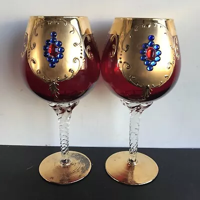 2 Vintage Venetian/Murano Ruby Red Wine Glass Goblet’s Beaded & Gold Design 8” H • $600