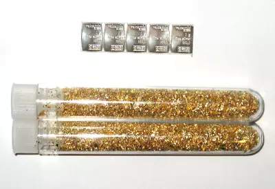 💎 5 X 1 Gram 999 Silver Valcambi Suisse Bars + 2 Large Vials Of Gold Flakes! • $15.95