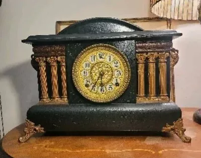 Antique Black Wood Gilbert Mantel Clock With Key Untested • $404.66