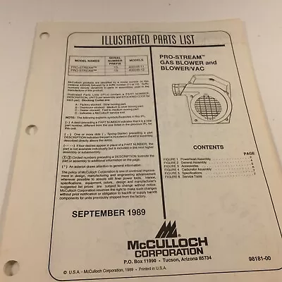 1989 McCulloch Pro Stream Gas Blower Vac Parts List 98181-00 • $19.99