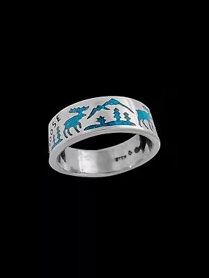 Size 6-925 Sterling Silver Moose Crossing Ring Turquoise Detailed Moose... • $59.19