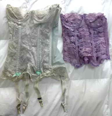 Vintage 70's Lilac Purple Mint Teal Aqua Lace Merry Widow Corsets Garters XS 32A • $125