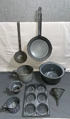 Lot 8 Vintage Antique Gray Speckled GRANITEWARE Funnel 6 MUFFIN Pan Pot COOKWARE • $129.99