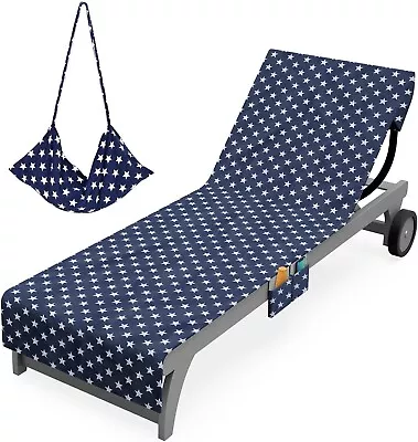 Sun Lounger Towel 4 Pockets Zipper Sheet Navy Stars Print Sunbed Beach Mat Bag • £17.89