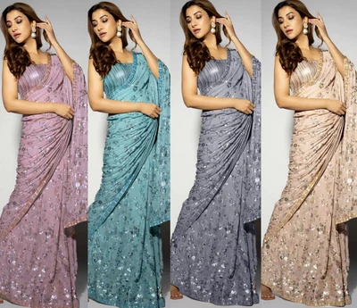 £29.99 • Buy Sequence Silk Sequin Embroidery Saree Indian Bollywood Party Wear Designer Sari