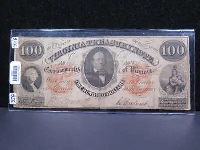 1862 $100 Virginia Treasury Note Large Note. Store Sale #04904 • $155