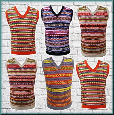 Mens Fairisle Vest Sleeveless Retro Vintage Jumper Tanktop Tank Top Golf Sweater • £29.99