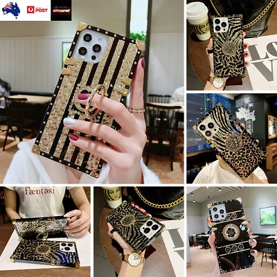 For IPhone 14 15 Pro Max 13 12 11 X Glitter Bling Gold Flower Square Case W/Ring • $11.27