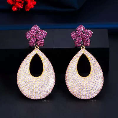 Rose Red Gold Plated Pave Setting CZ Long Flower Drop Dangle Earring For Women • $16.98