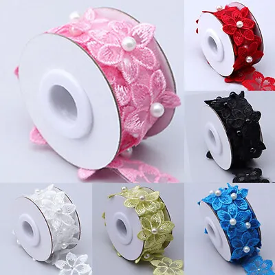 1 Roll Pearl Flower Trim Lace Embroidered Ribbon Sewing Dress Clothing Trims New • £3.35