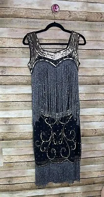 1920s 30s Flapper Gatsby Dress Size Small Black Fringe Sequins Party Cocktail  • $40